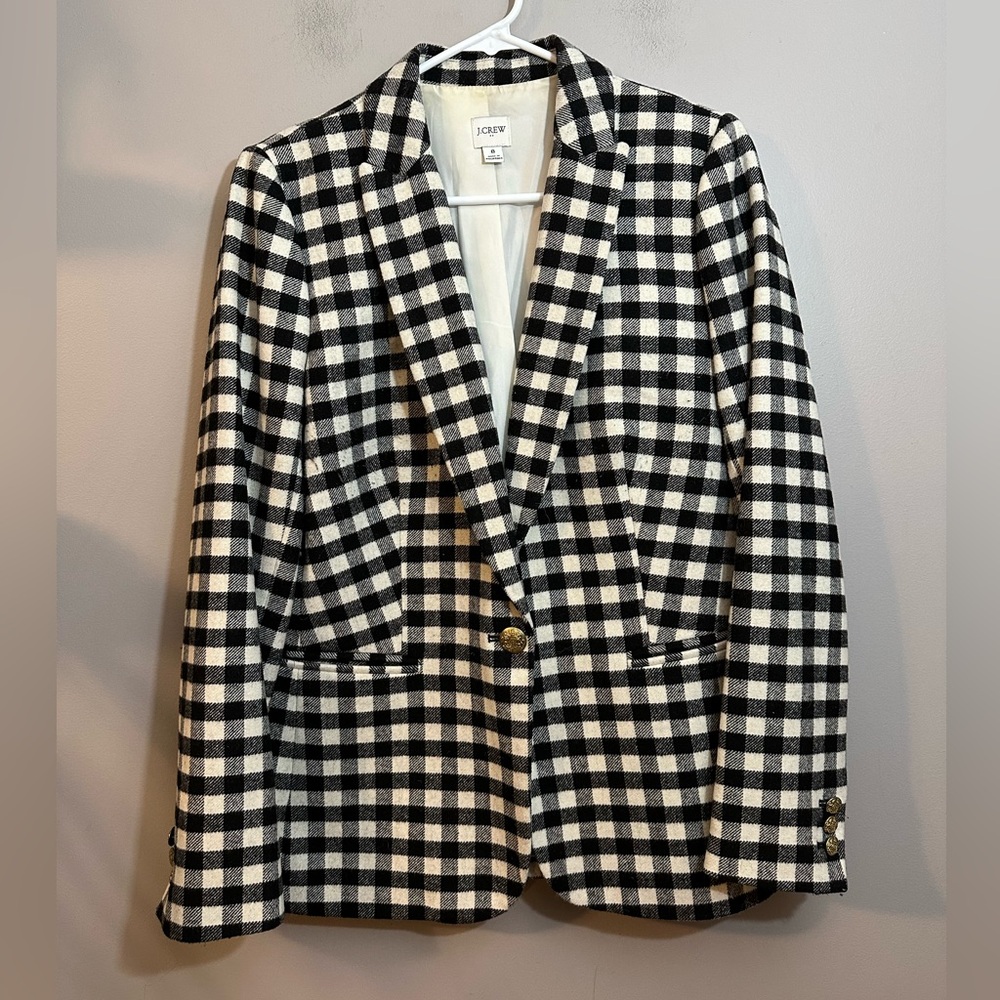 J CREW BLACK IVORY BUFFALO CHECK WOOL BLEND ONE BUTTON BLAZER JACKET SZ 8 - Picture 2 of 10